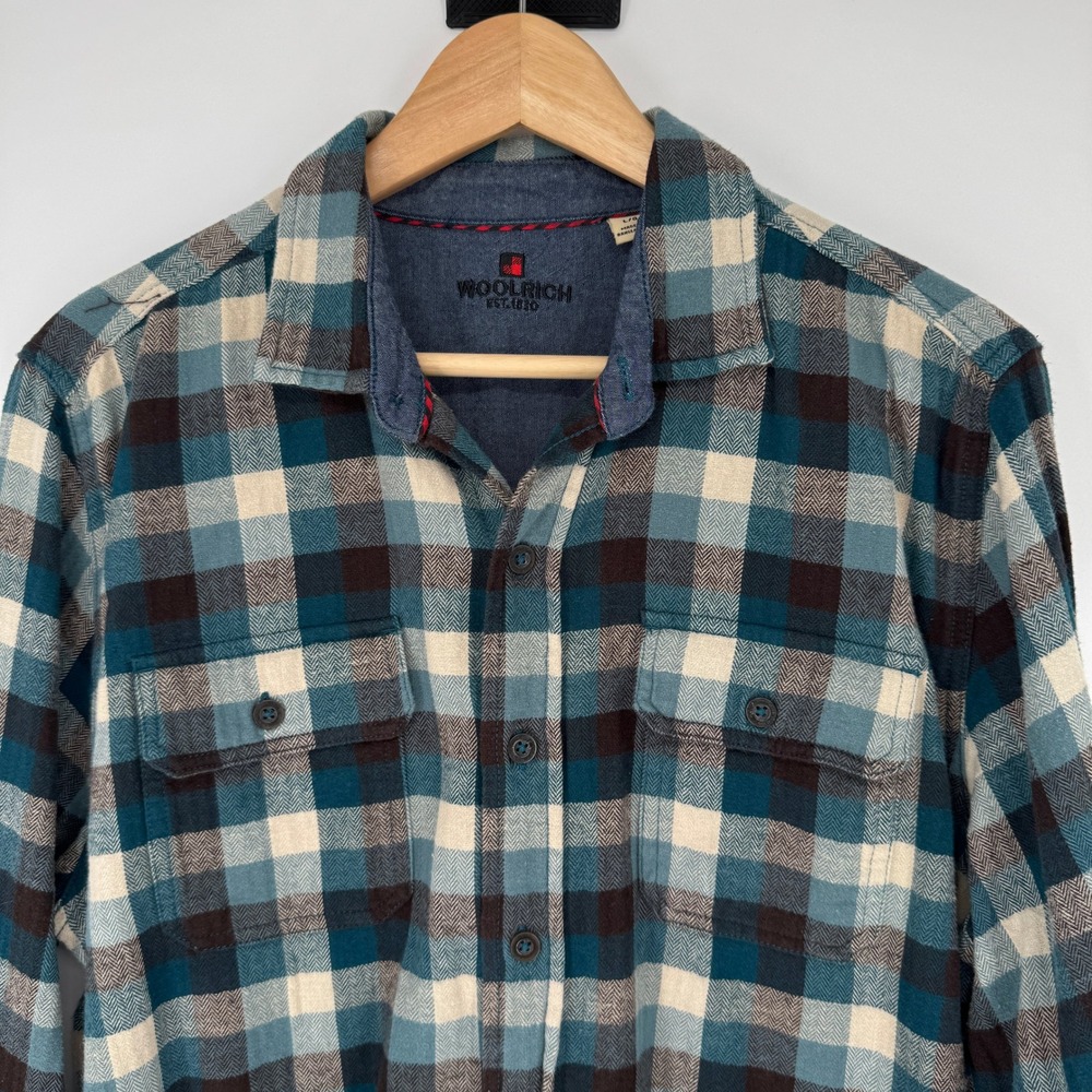 Woolrich Flannel Plaid Shirt L Blue Long Sleeve Cotton Cabincore Gorpcore Rustic